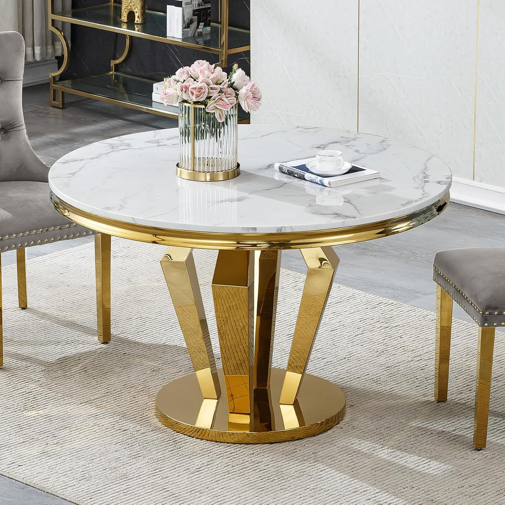 Henf Luxury Round Dining Table for 4-6 White Gold 45" Faux Marble Kitche...