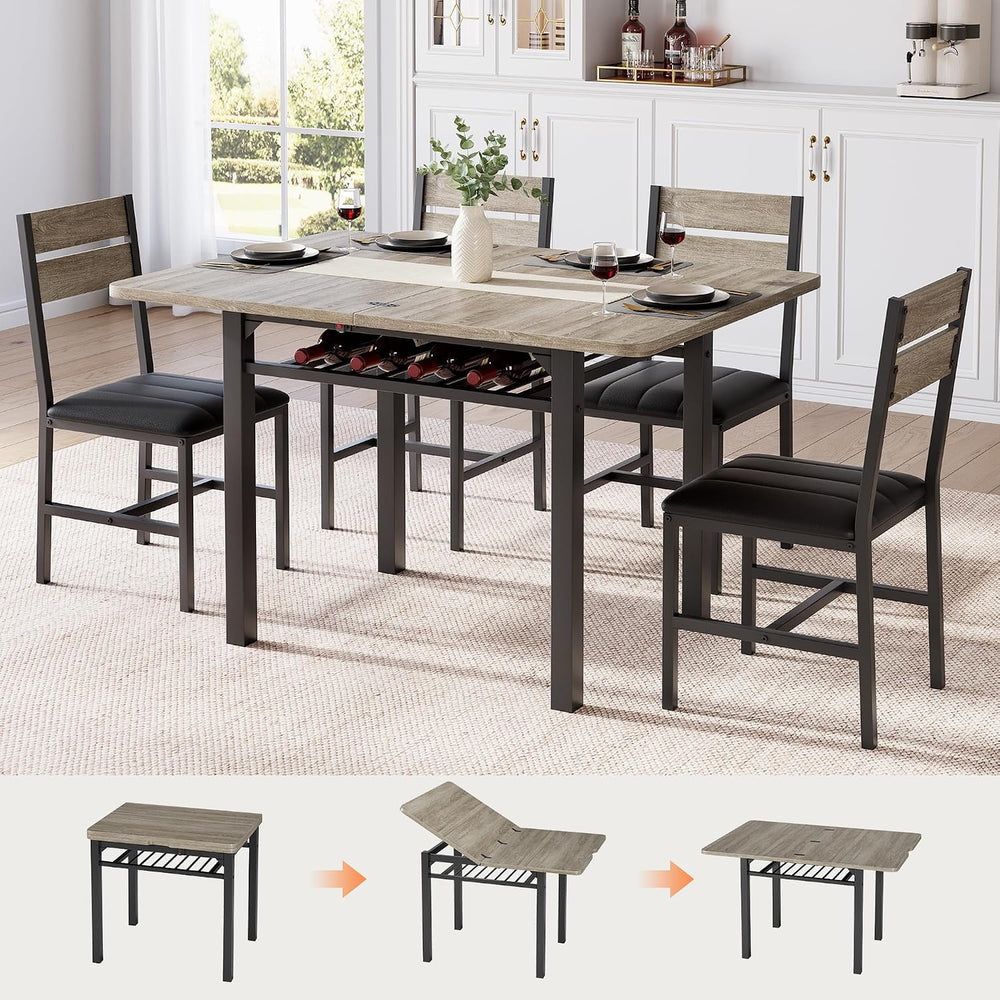 Extendable Dining Table Set for 4 with Shelf Rack&4 PU Leather Chairs Grey