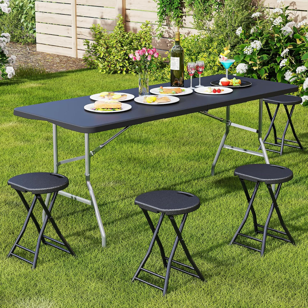 4 Pack Folding Stools with Foldable Table 6ft, Heavy Duty Dining Table and Ch...
