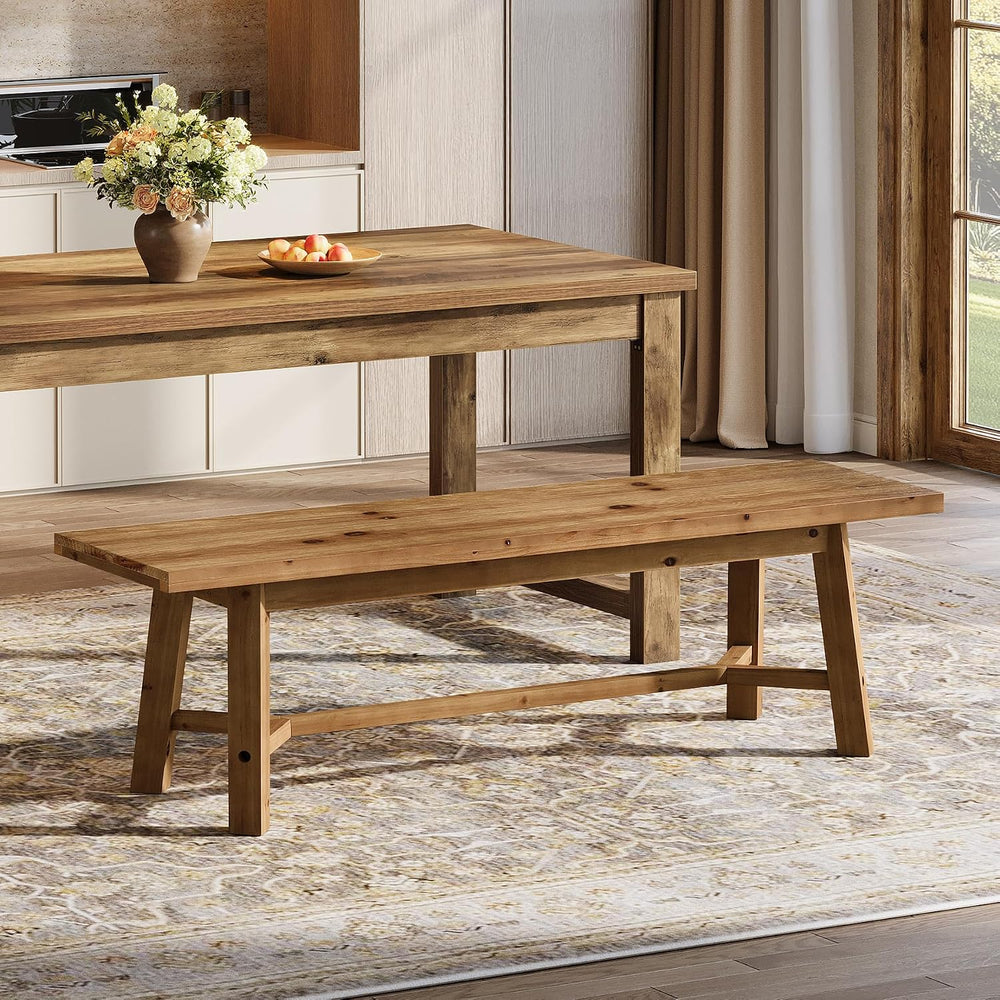 55.12-Inch Solid Wood Dining Bench, Farmhouse Long Kitchen Bench with Strengt...