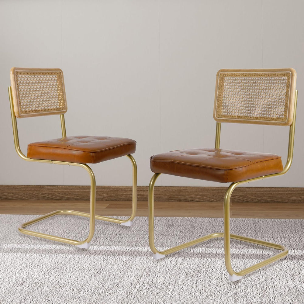 CangLong Natural Rattan Dining Chairs Set of 2, Upholstered Faux Leather Kitc...