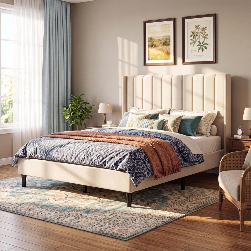 GarveeHome Queen Size Bed Frame with 52'' Tall Wingback Headboard