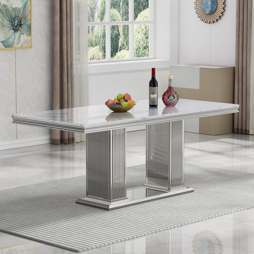 68 in Faux Marble Dining Table for 4-6, White Marble Dining Table with Silver...