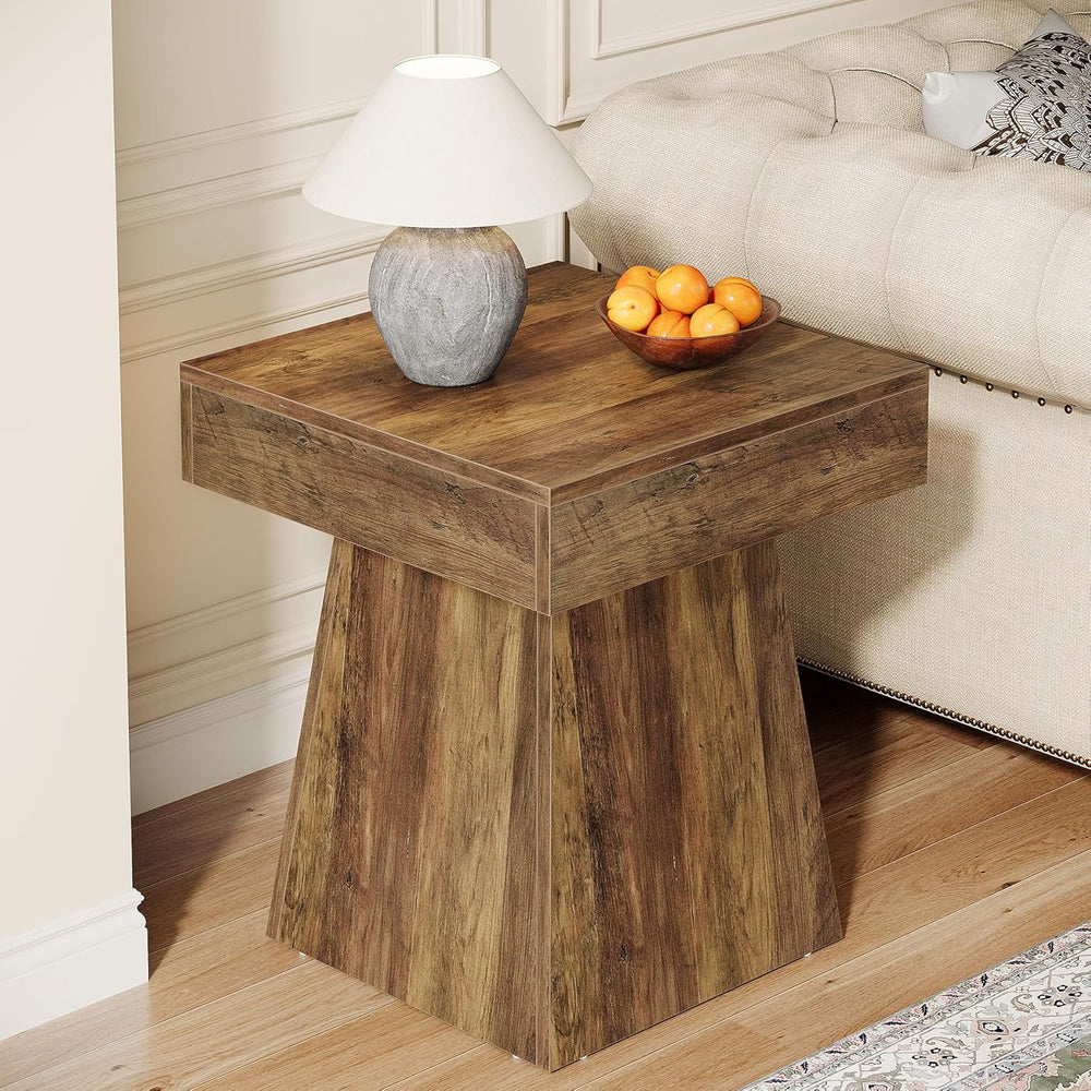 Tribesigns Small End Table, Rustic Square Side Table with Wide Base, Farmhous...