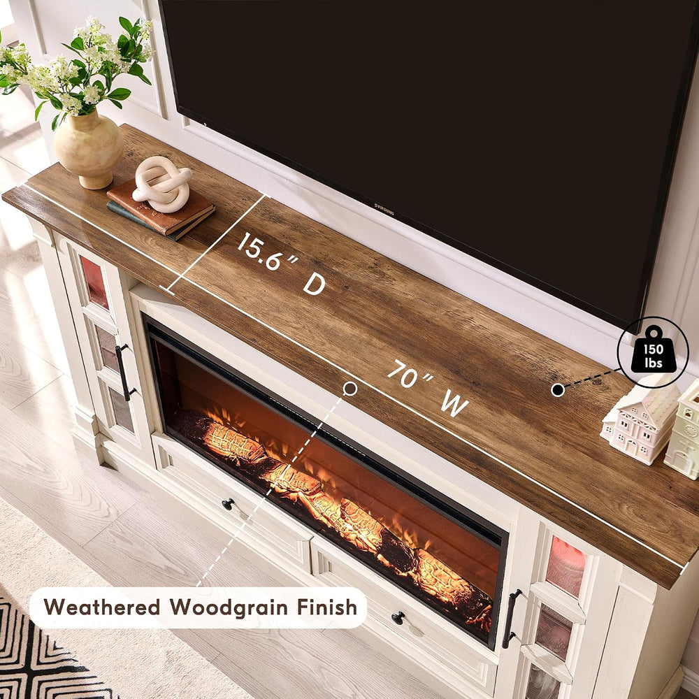 OKD 70" Farmhouse TV Stand with 42" Electric Fireplace, Antique Whi...