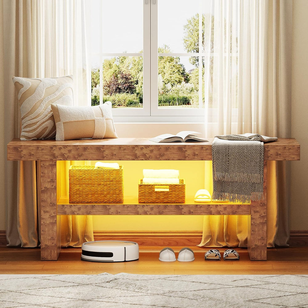 DWVO 39.4" Entryway Bench with Motion-Sensing Warm LED Light, 2-Tier Rus...