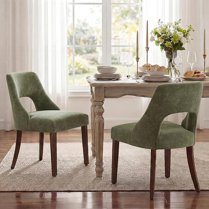 UVV Wooden Dining Chairs Set of 2, Mid Century Modern Chenille Upholstered Di...