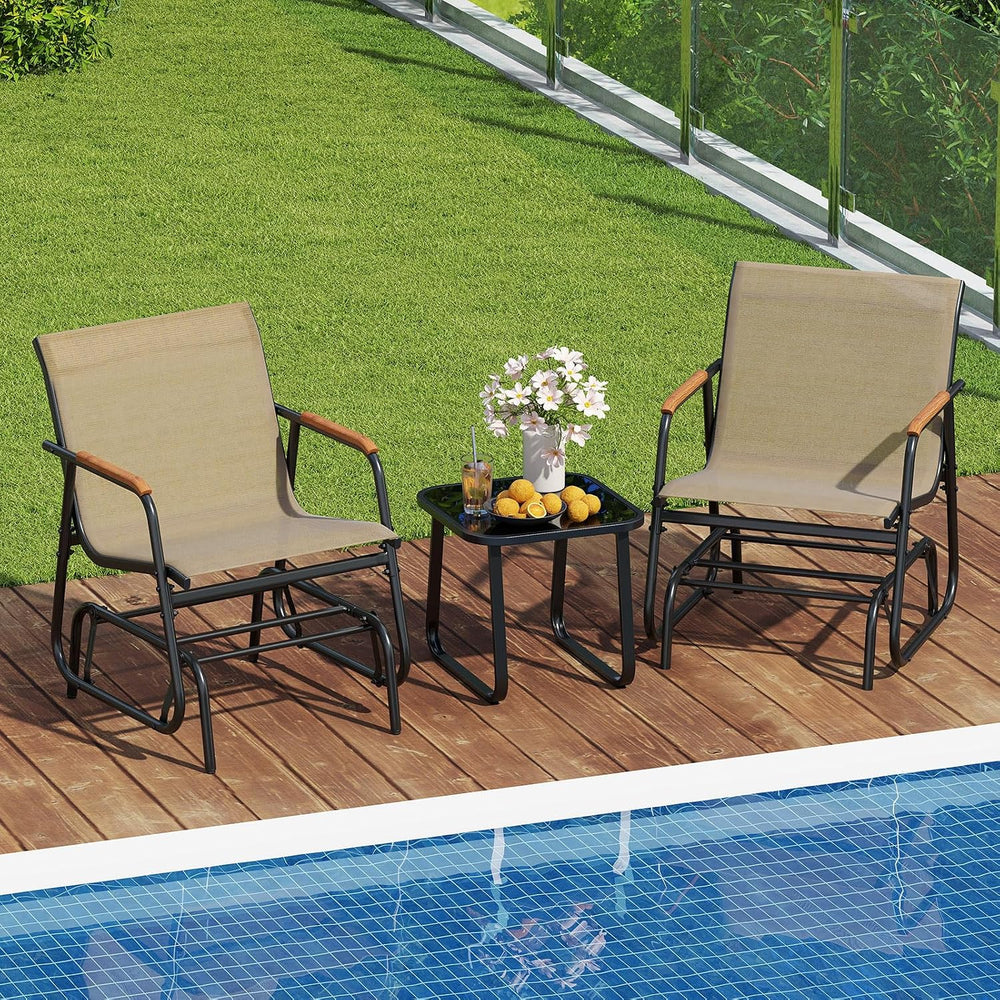 Tangkula 3 Piece Patio Bistro Glider Set, 2 Rocking Chairs w/Tempered Glass S...
