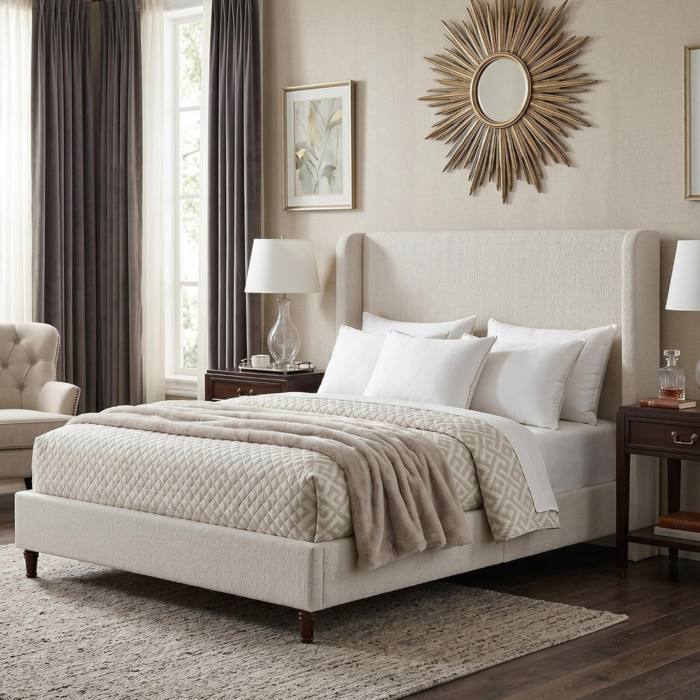 Upholstered Bed Frame with 54" Tall Wingback Headboard, Elegant Boucle F...