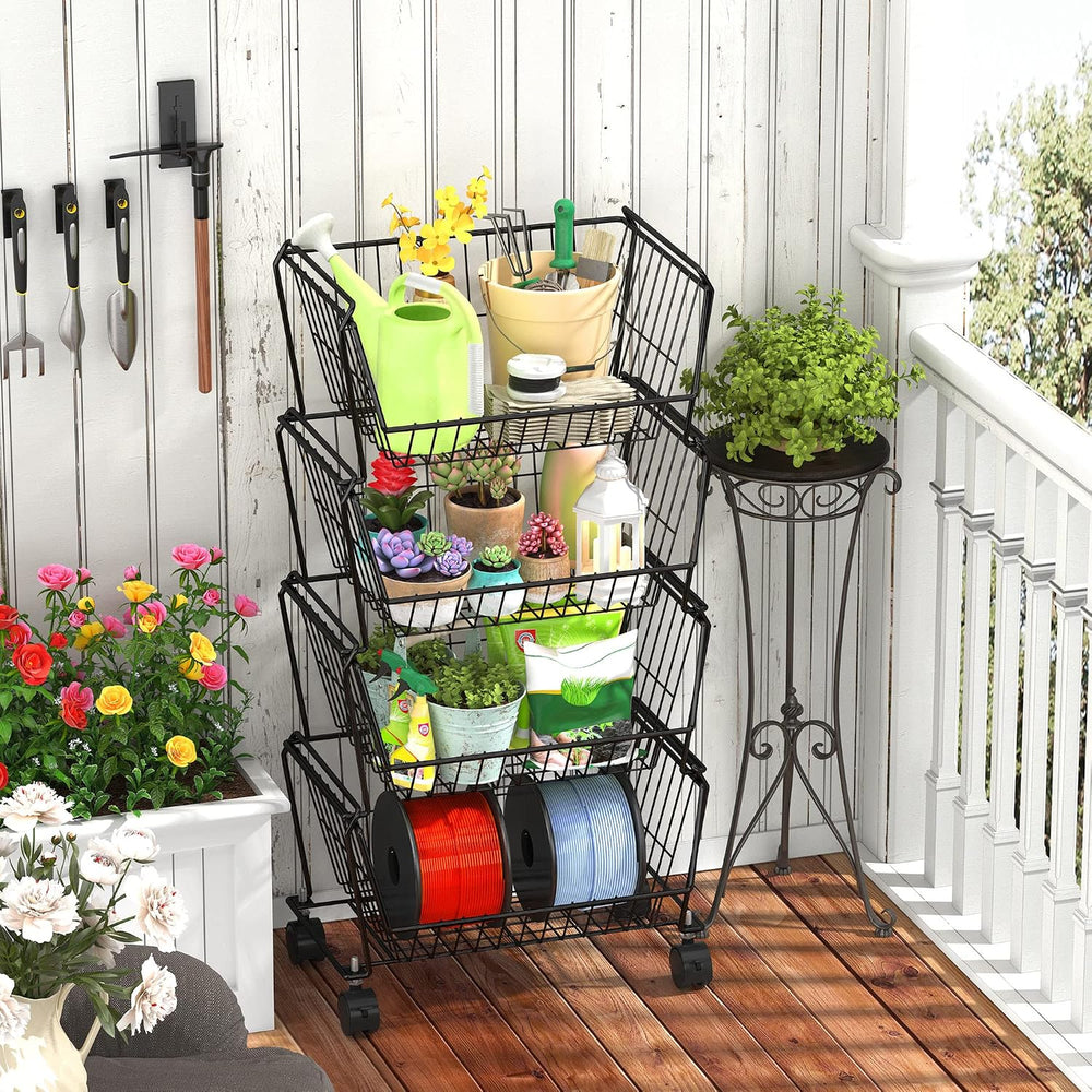PUSDON 4-Tier Spacious Stackable Wire Storage Baskets with Wheels, Metal Roll...