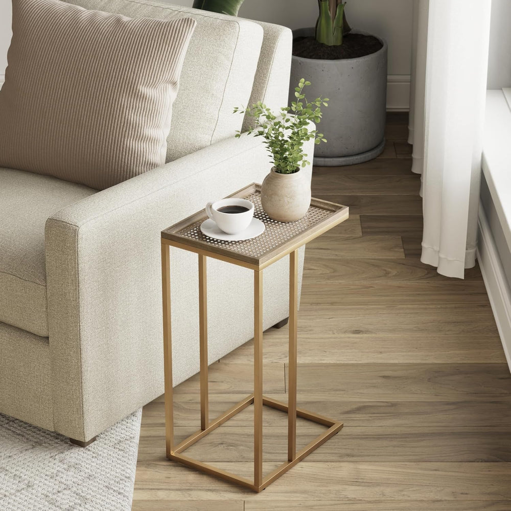Farmhouse C Shaped End Table with Distressed Wood & Metal Woven Tray Top,...