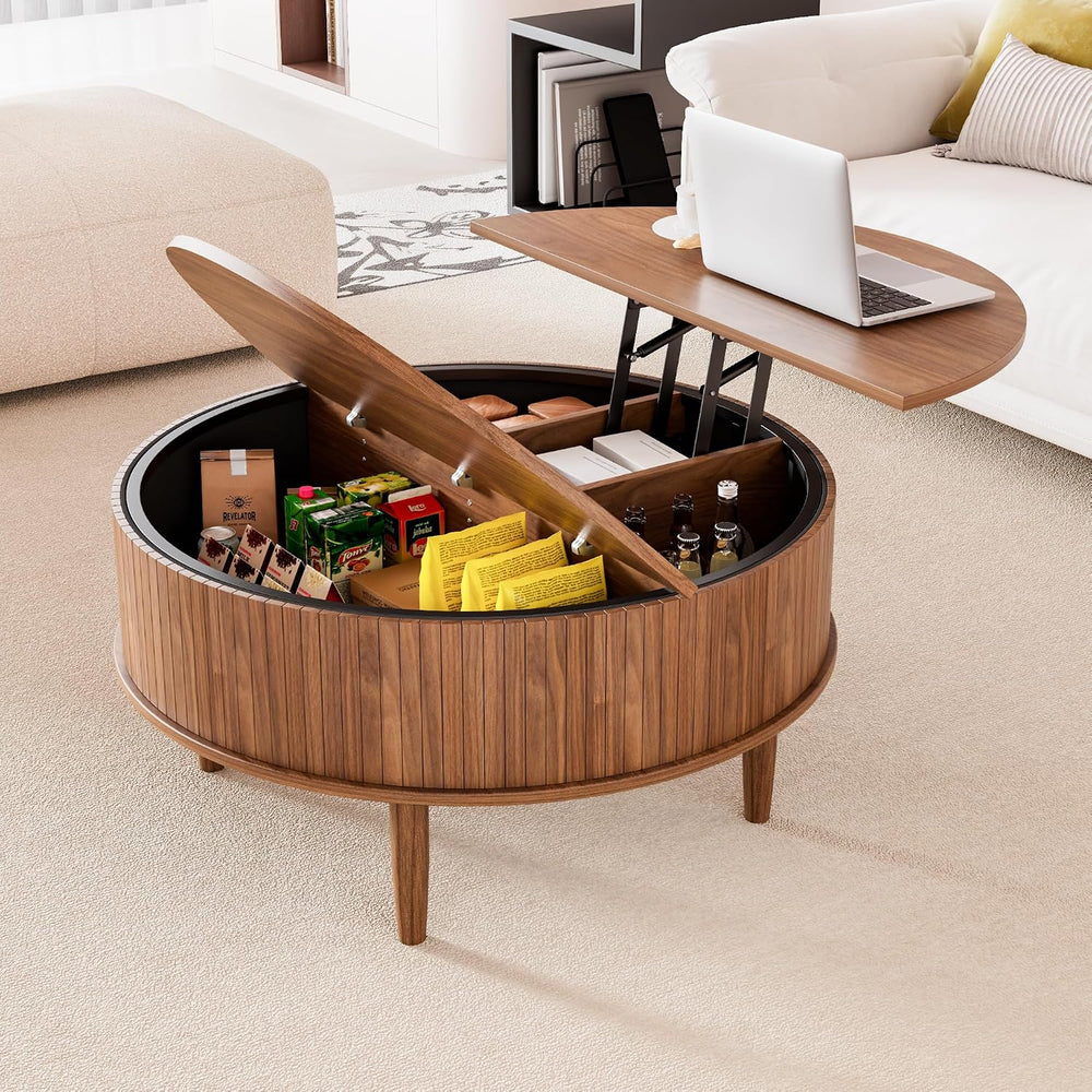 Round Fluted Lift Top Coffee Table with Storage, Mid Century Modern Coffee Ta...