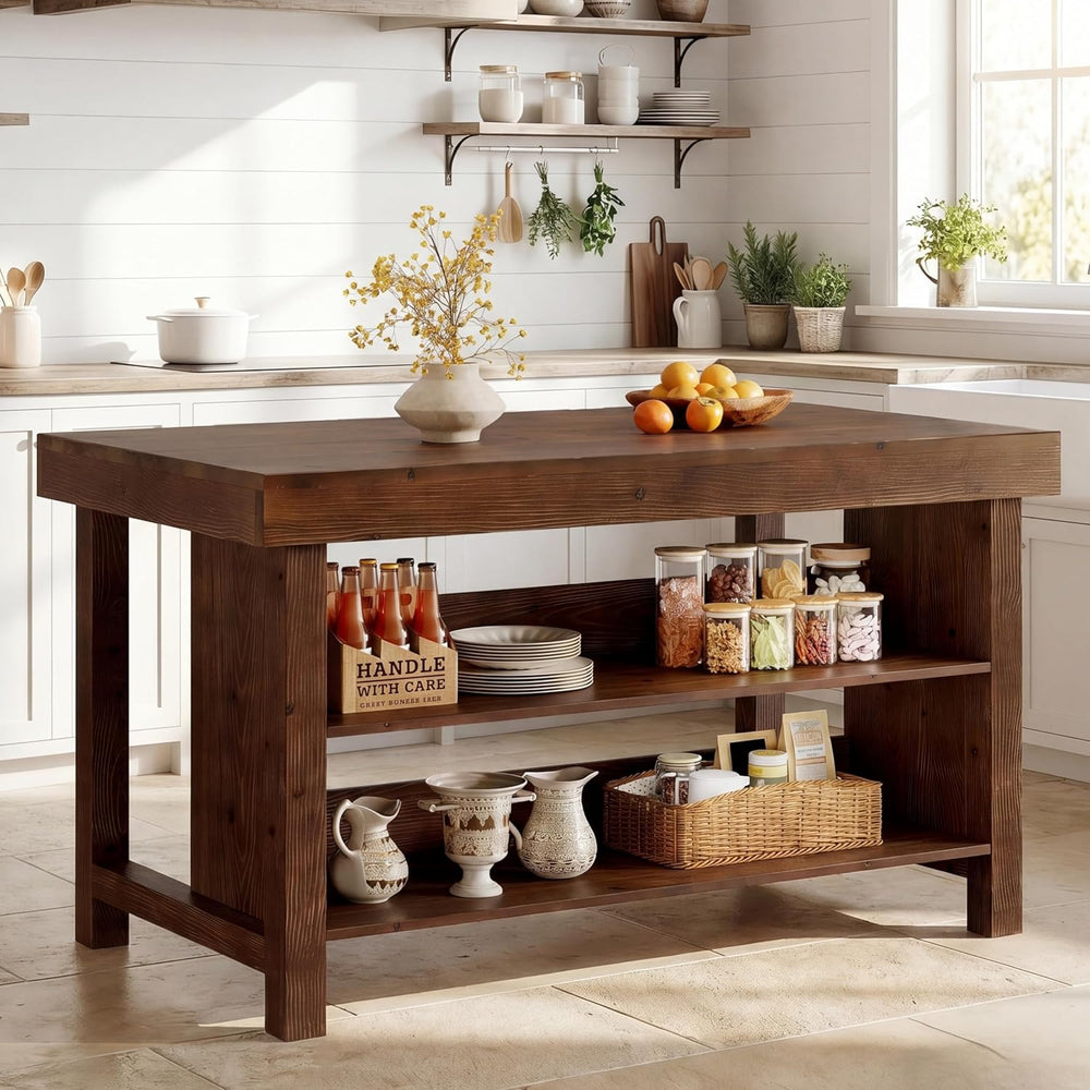 55" Solid Wood Kitchen Island with Storage, Farmhouse Kitchen Island Tab...
