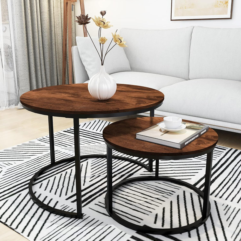 HOMERECOMMEND Round Coffee Table Set of 2 for Living Room,Rustic Brown | Mode...
