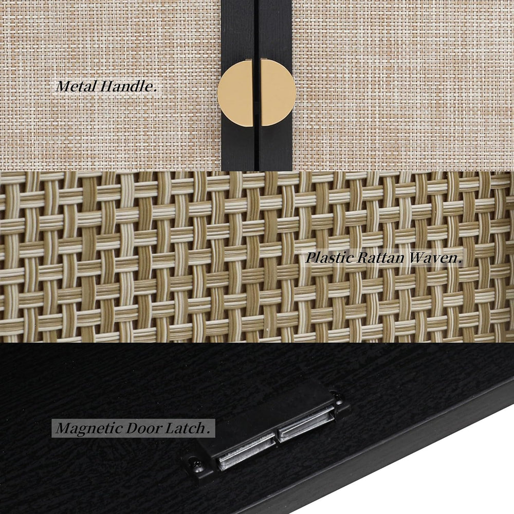 Modern Rattan Storage Sideboard Cabinet, Black Wood Buffet with Magnetic Latc...
