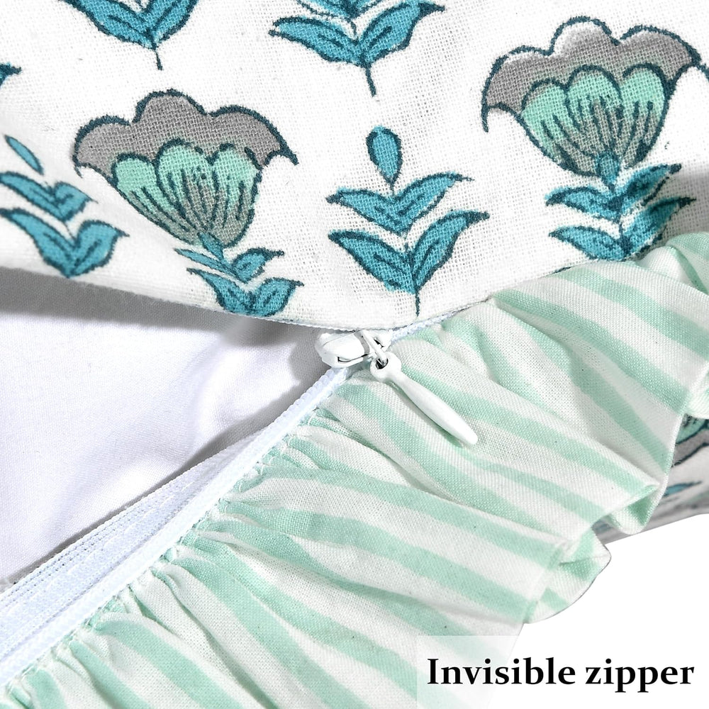 Ridhi Aquamarine Blue Block Print Ruffle Pillow Covers 16x16 Inch Set of 2