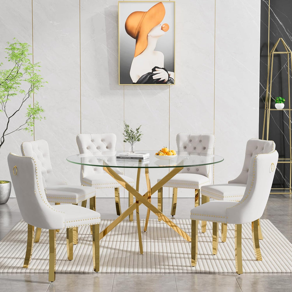 Round Glass Dining Room Table Set for 6, 7-Piece Dining Table Set with 47.2&q...