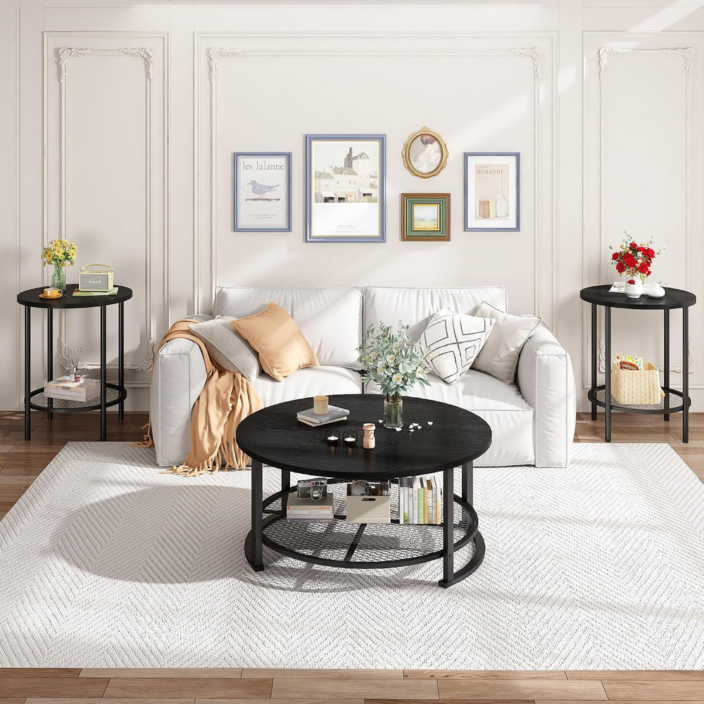 Recaceik Round Coffee Table and End Table Set of 3 with Storage, Modern Vinta...