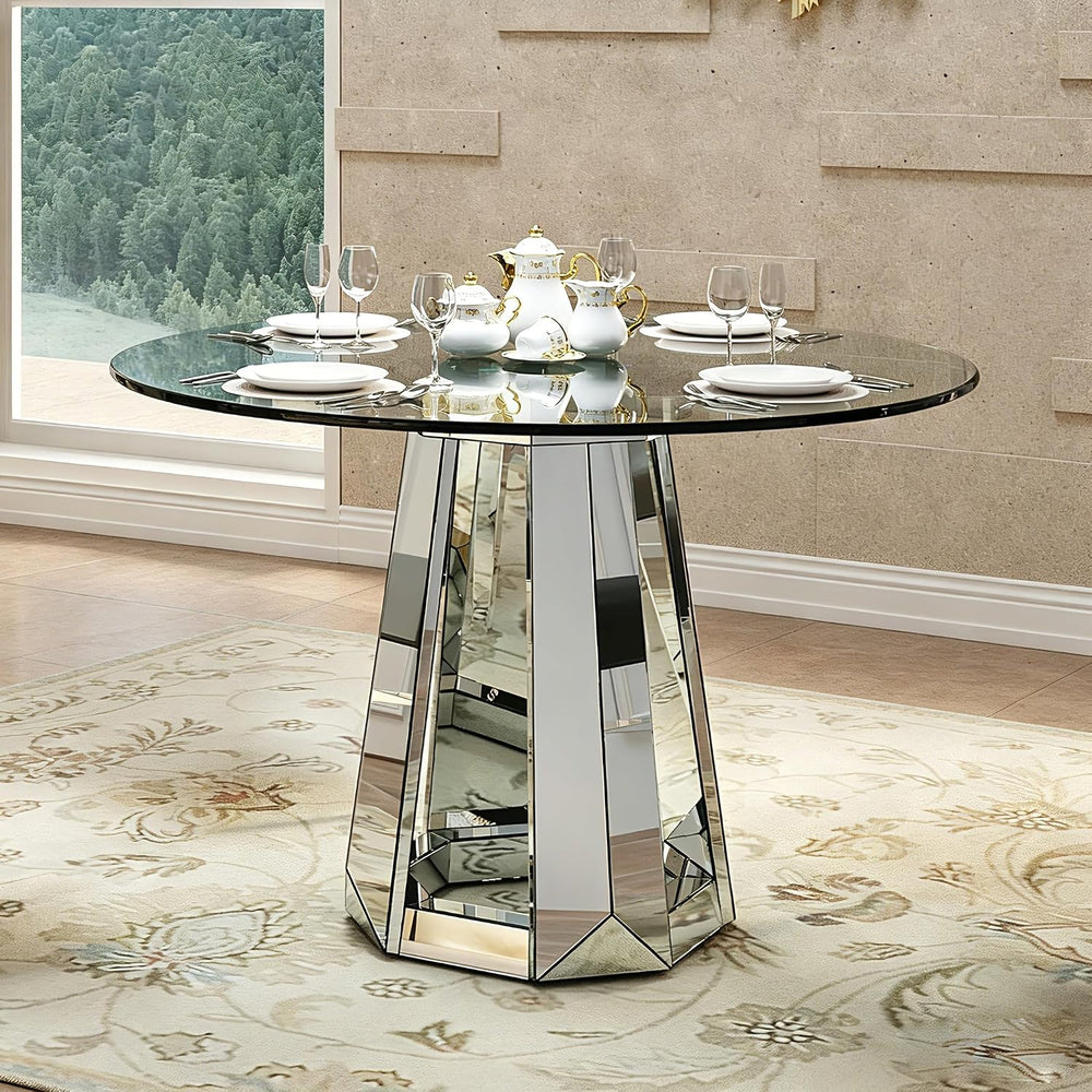 Henf Luxury Round Glass Dining Table for 4-6, Silver 47" Glass Kitchen T...