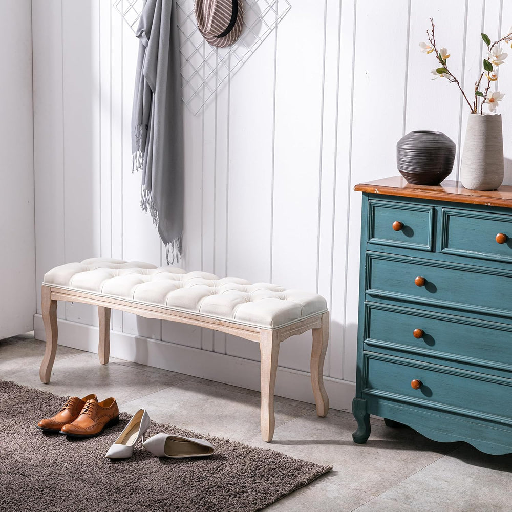 French Country Linen Bedroom Bench with Solid Wood Legs, 43.3" Button-Tu...