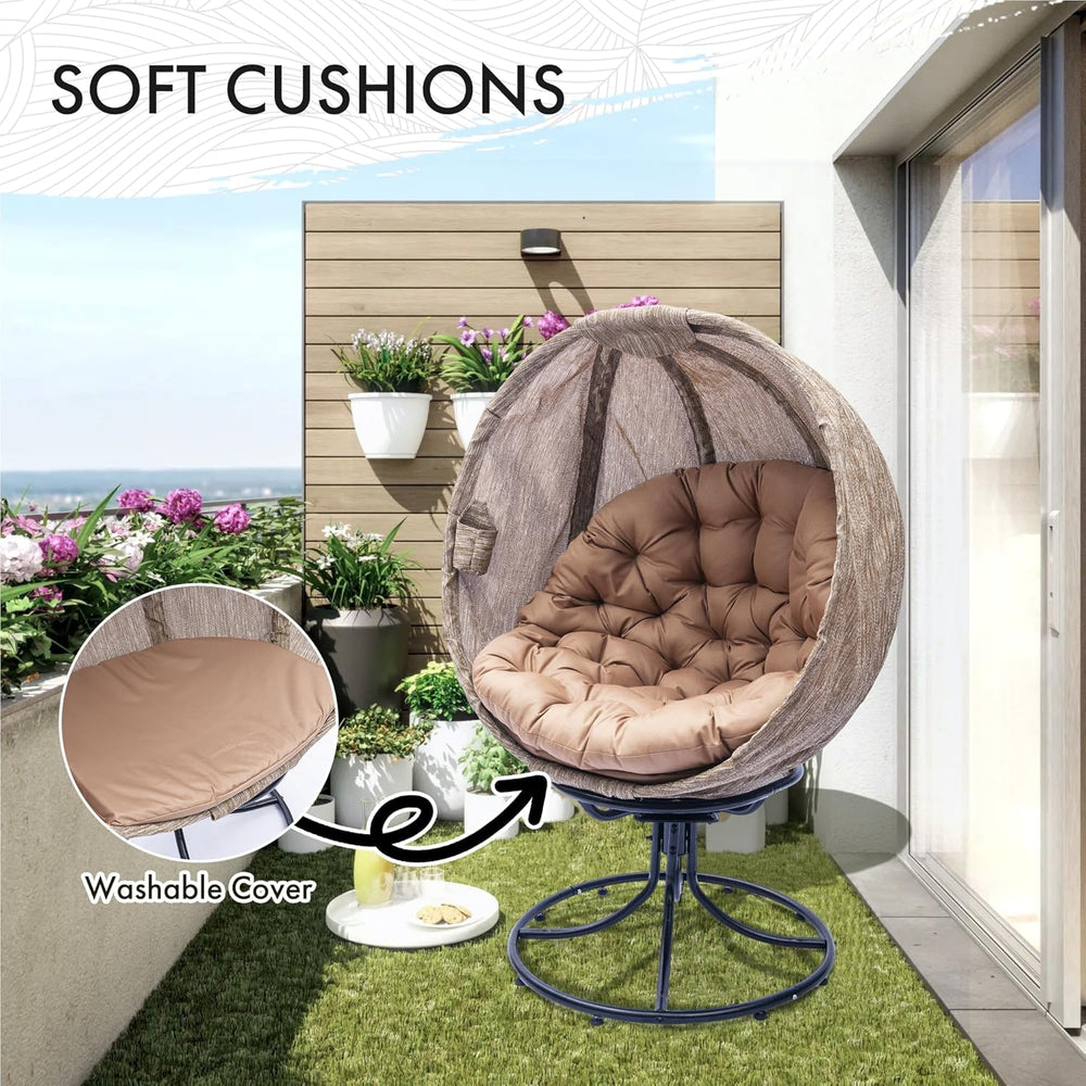 Oversized 360 Swivel Egg Chair - Foldable Rattan Seat w/Cushions, Outdoor Ind...