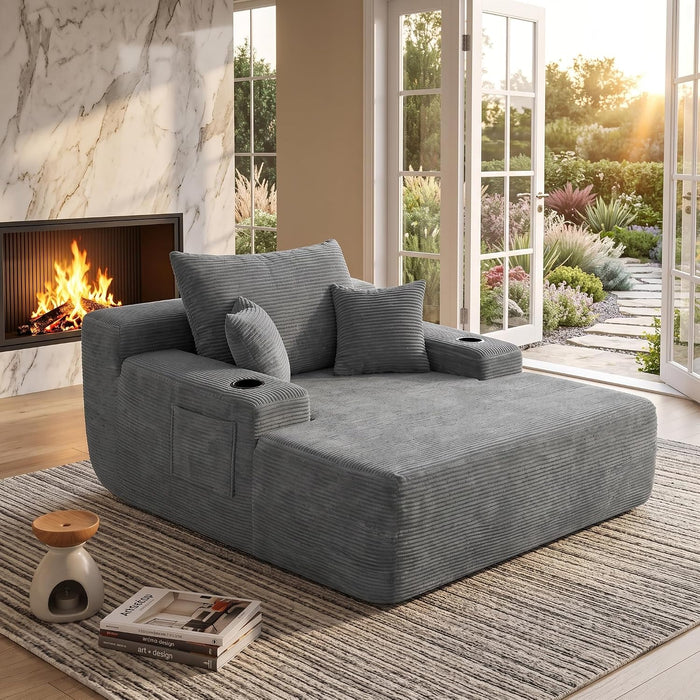 HYJT-H&K Oversized Deep Seat Chaise Lounge, Corduroy Comfy Sleeper Futon Sofa Bed with Storage for Living Room, No Assembly, Grey