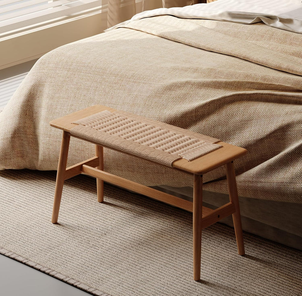 100% Solid Oak Wood Dining Bench, Hand Woven Dining Bench with Trapezoid Leg,...