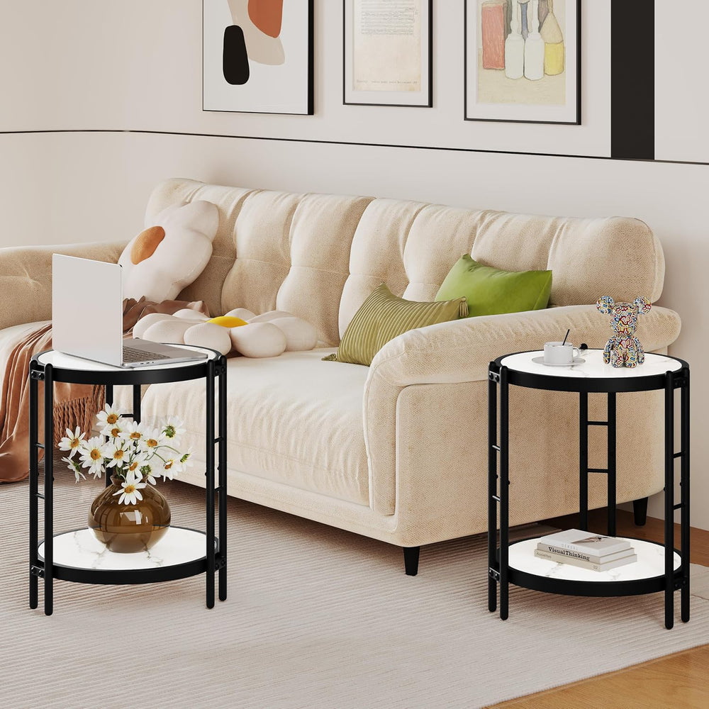 Alunaune Industrial End Table, 2-Tier Round Side Table, Small Modern Storage ...