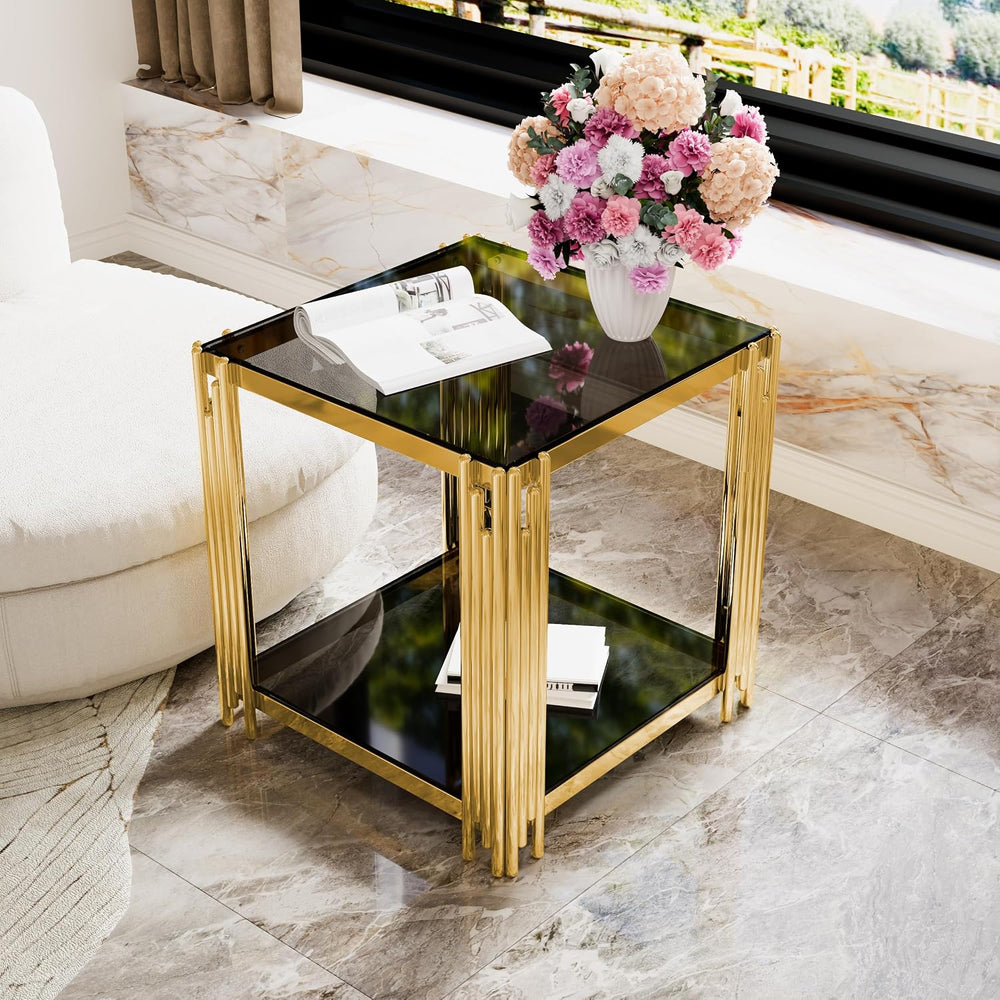 Black Mirror End Table for Living Room, Square,Asymmetrical Metal, Gold Lower...