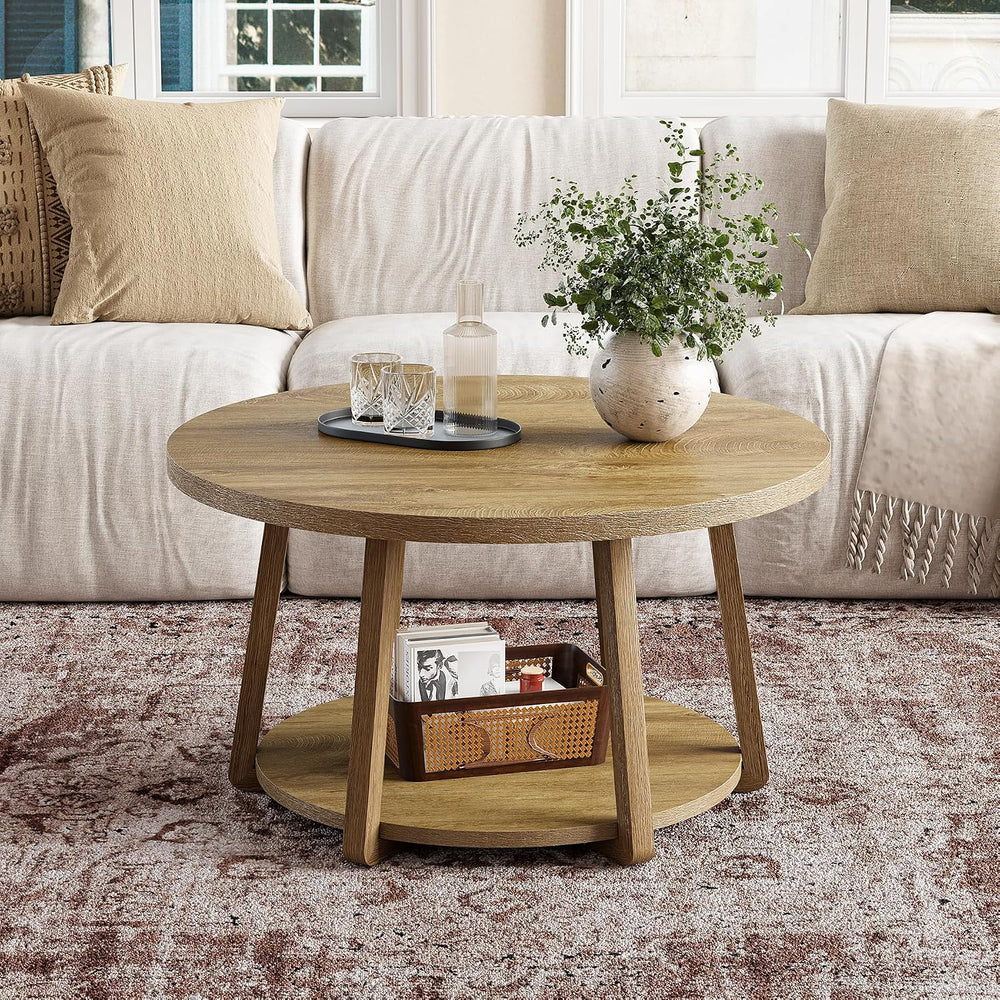 LITTLE TREE Round Coffee Table, 2-Tier Center Table with Storage | Wooden Leg...