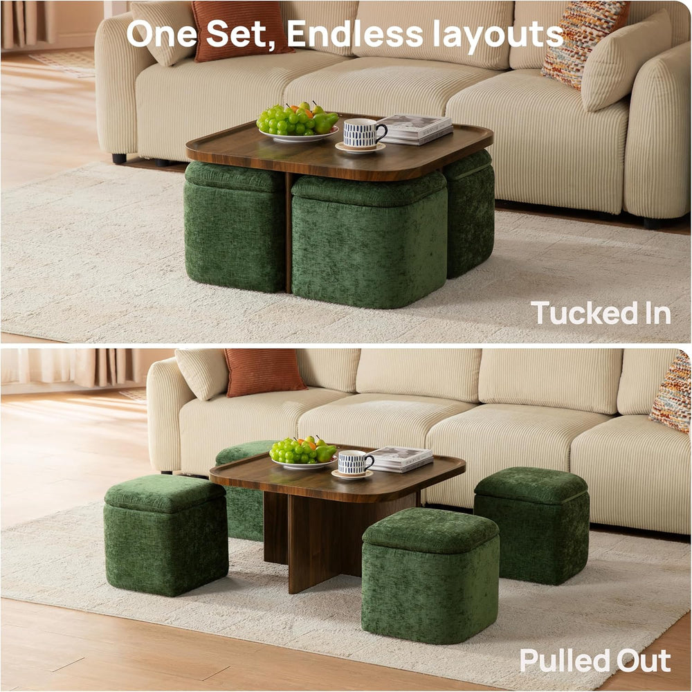 Square Coffee Table with Stools Underneath, 4 Storage Ottomans Chairs&Seats