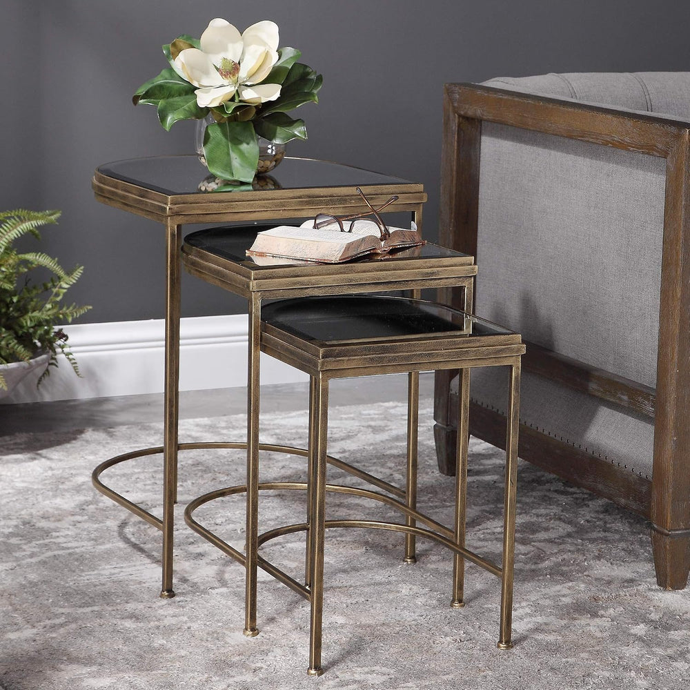 Elegant Demilune Half Oval Nesting Table Set 3 Modern Bronze Metal Mirror Top