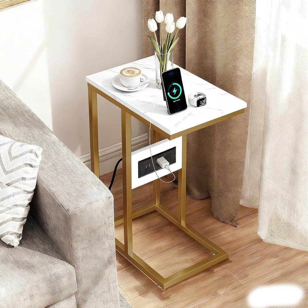 VECELO C-Shaped End Side Table Set of 2, with Charging Station & Two USB ...