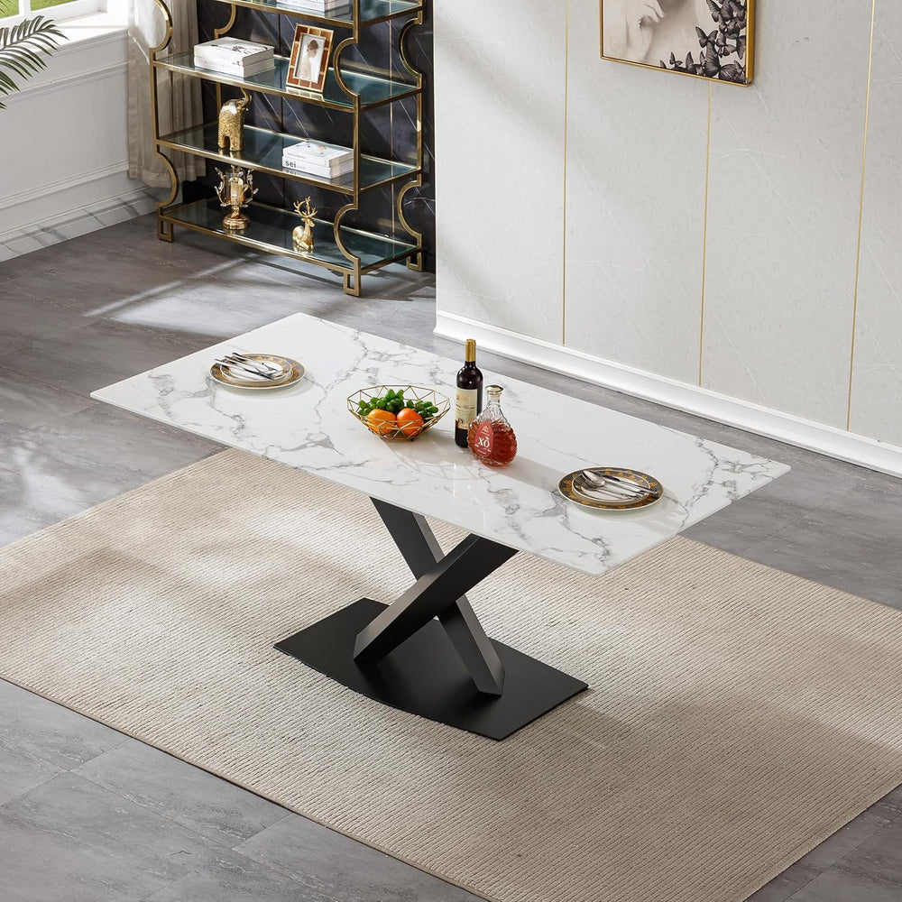 70in Faux Marble Dining Table for 6-8 Person, Modern White Kitchen Dining Roo...
