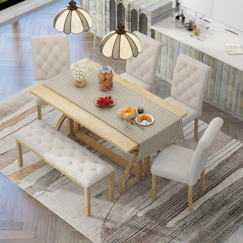 Merax 6-Piece Solid Wood Dining Table Set for 6, Solid Wood Rectangular Kitch...