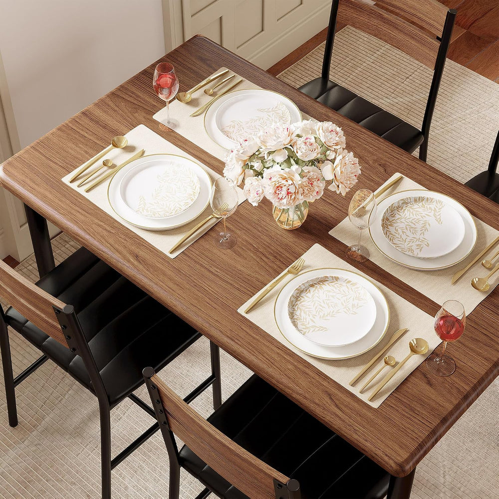 IRONCK Dining Table Set for 4, Walnut | Wood Kitchen Table with Upholstered C...