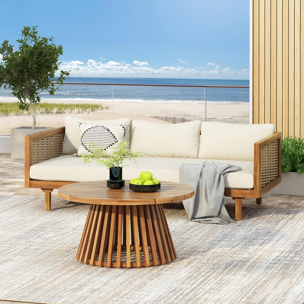 Merax Outdoor Acacia Wood Conversation Set - Patio 3-Seat Loveseat Sofa w/Cou...