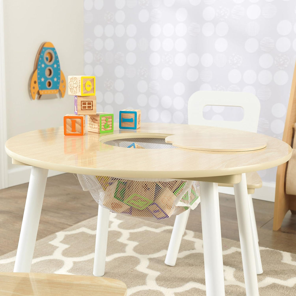 KidKraft Wooden Round Table & 2 Chair Set with Center Mesh Storage - Natu...