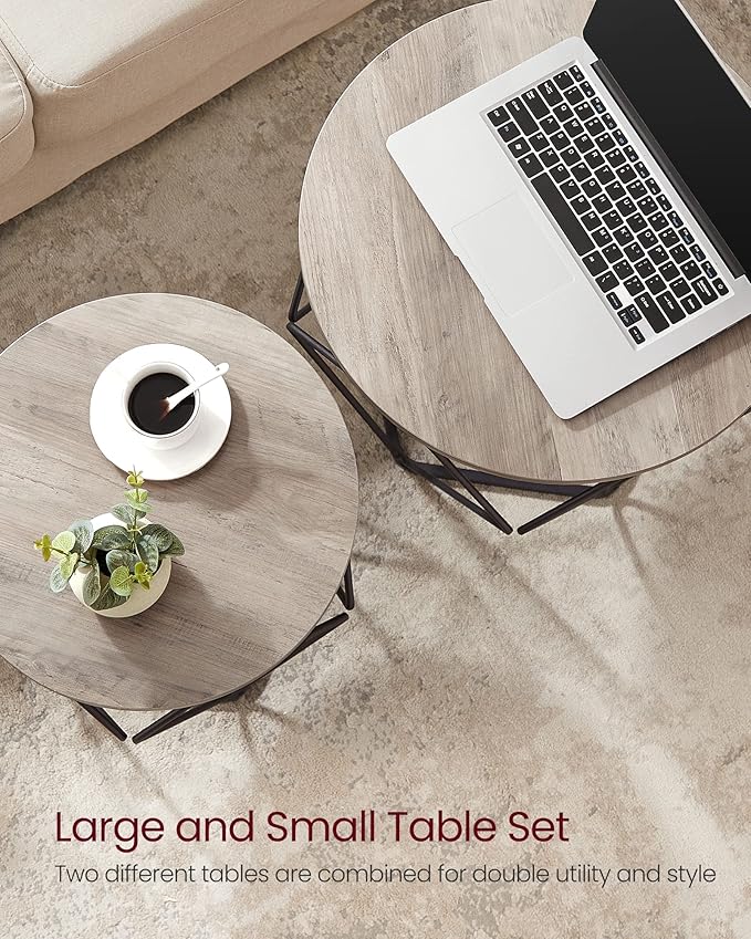 VASAGLE Small Coffee Table Set of 2, Round Coffee Table with Steel Frame, Sid...