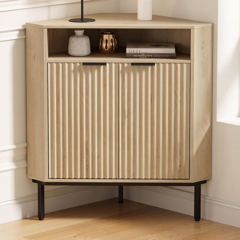 Fluted Corner Cabinet with Storage, Modern Floor Cabinets with Adjustable She...