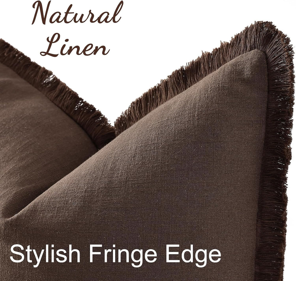 decorUhome Linen Fringe Chocolate Throw Pillow Covers 18x18 Set of 2