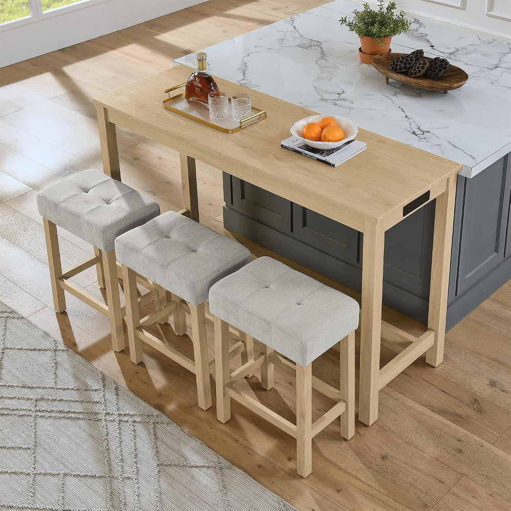 59" Bar Table Set with Power Outlet & 3 Upholstered Stools – 4-Piece...