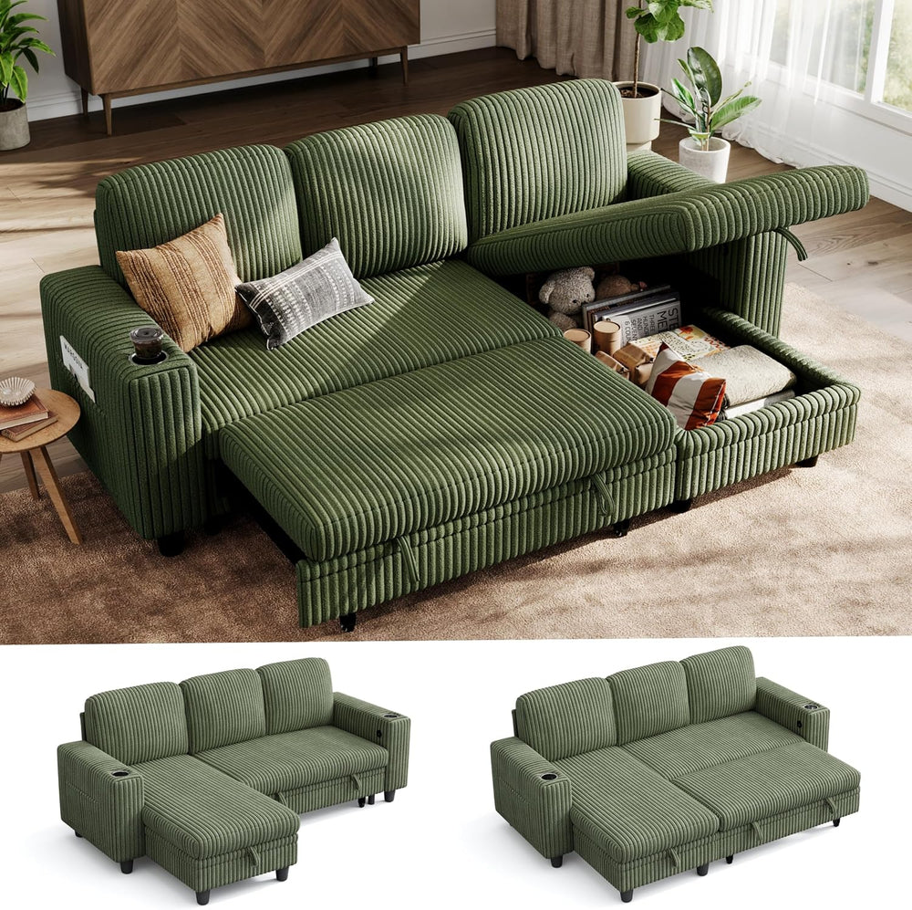 LINSY HOME Sectional Couch with Pull Out Bed, 81" 3 Seat Sleeper Sofa Green