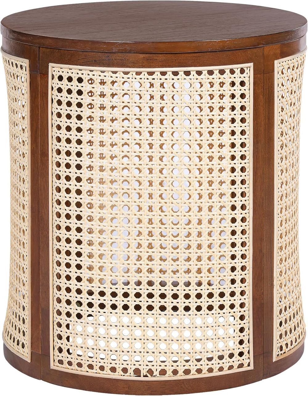 Round Side Table with Rattan Weave Panels, Dark Brown Rubber Solid Wood, 15.7...