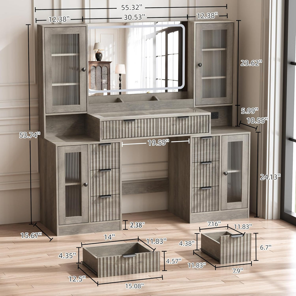 Fluted Vanity Desk with Mirror & Lights | 8 Drawers & 4 Cabinets, Tem...