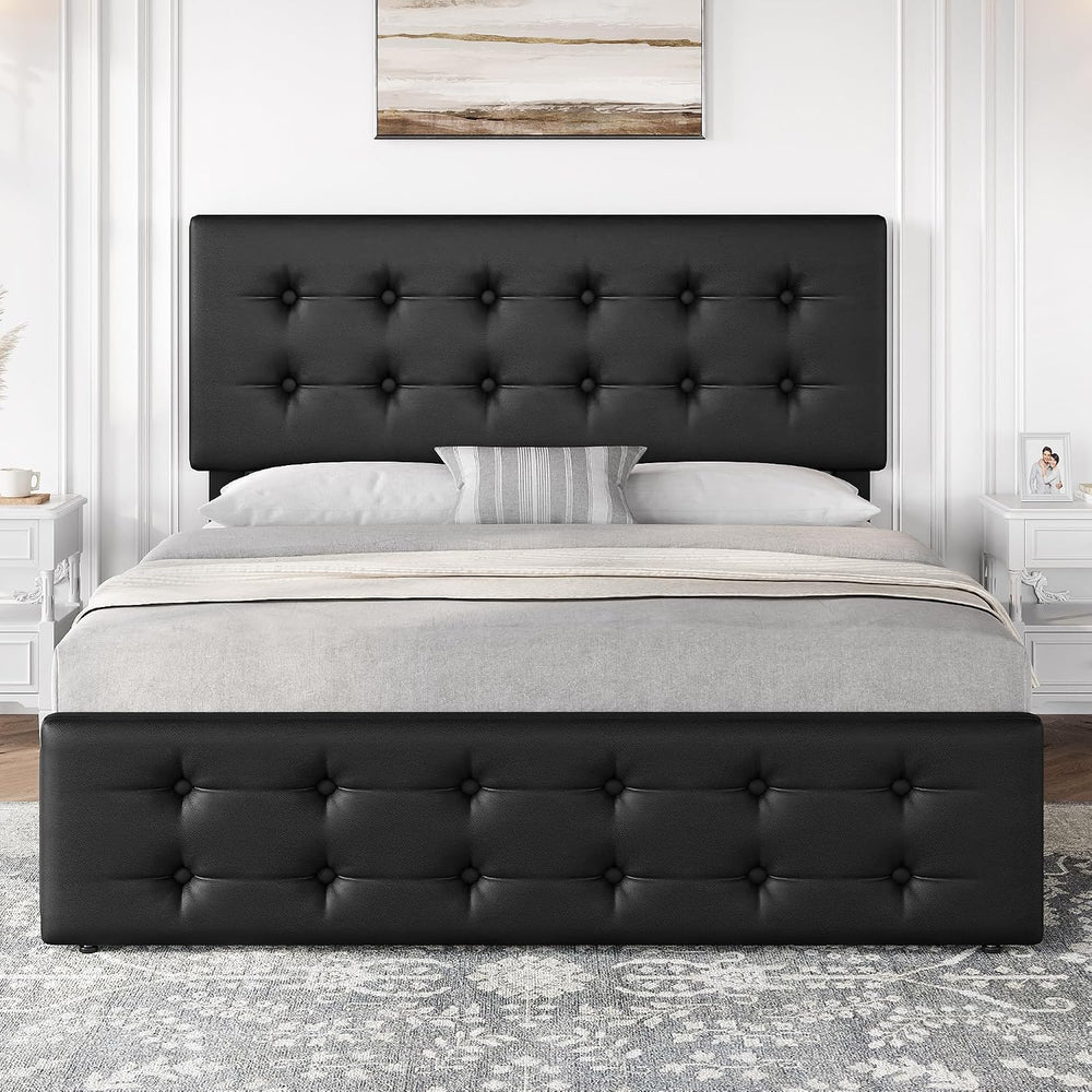 IDEALHOUSE Queen Size Bed Frame with 4 Storage Drawers and Headboard, Black