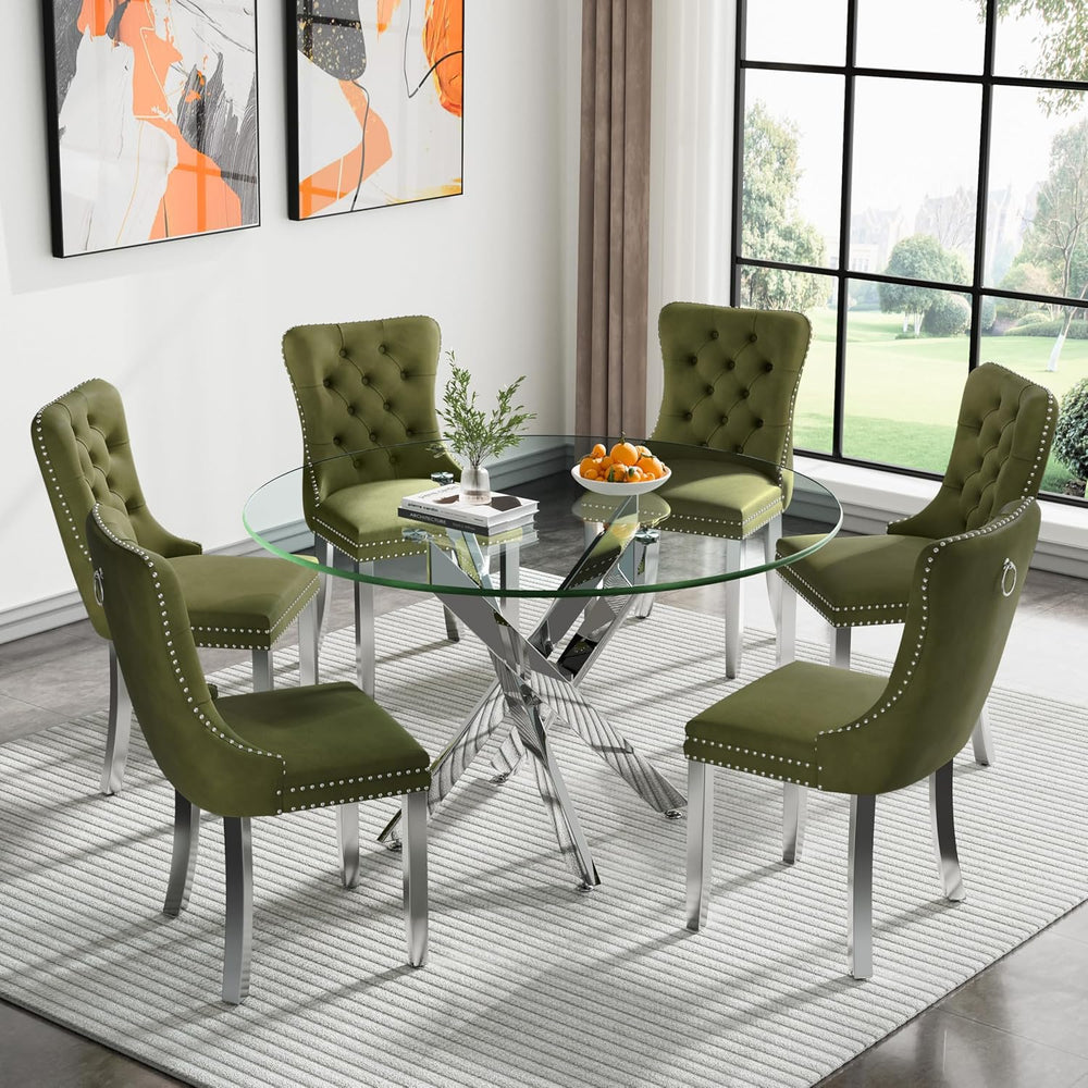 Henf 7 Piece Round Dining Table Set with 6 Upholstered Chairs, 47'' G...