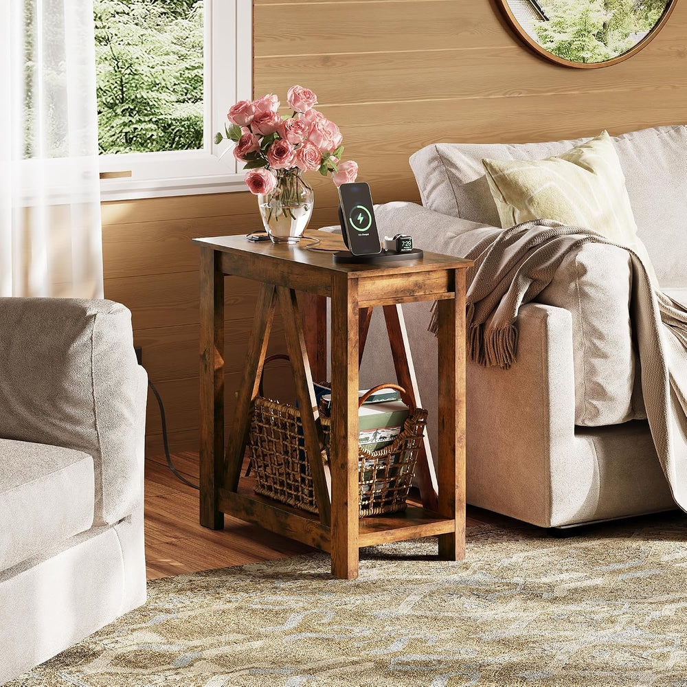 WLIVE Farmhouse End Table, Narrow Side Table with Charging Station, Slim End ...