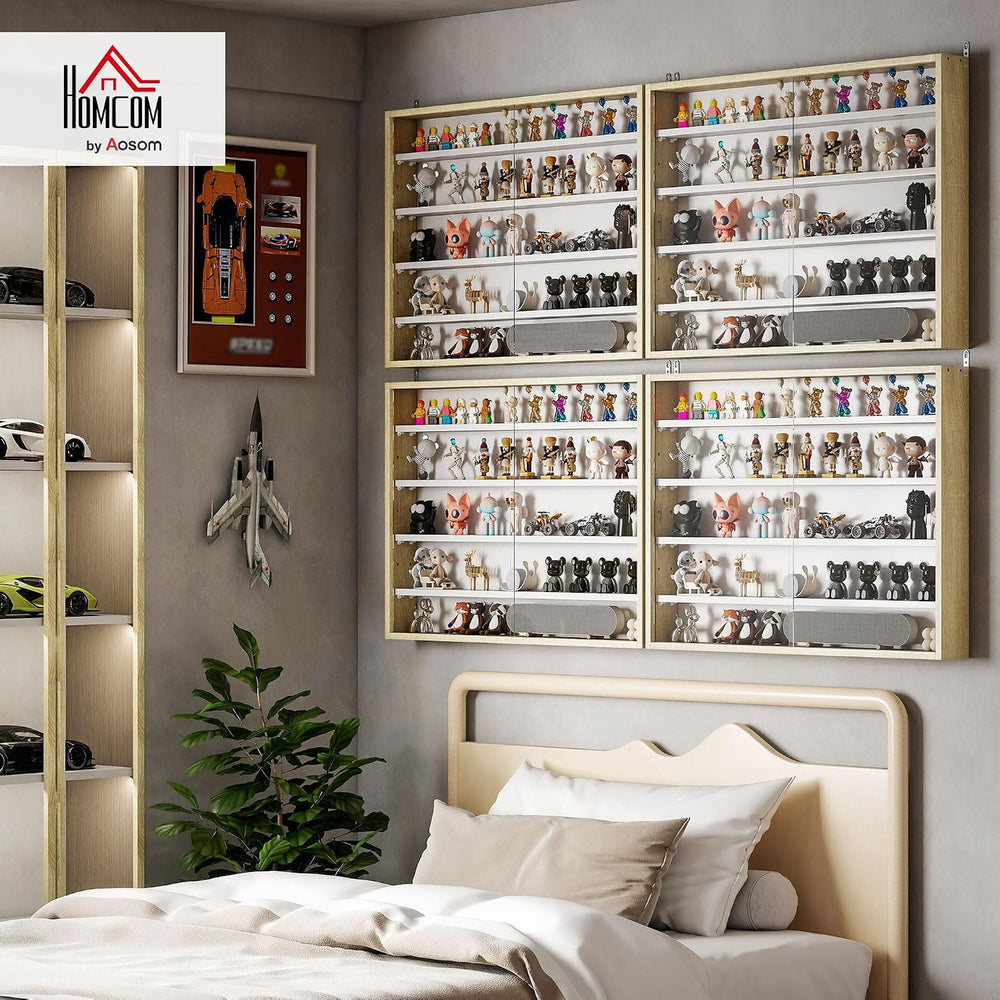 HOMCOM 5-Tier Wall Mounted Display Cabinet Glass Doors 60x80cm White/Oak | Di...
