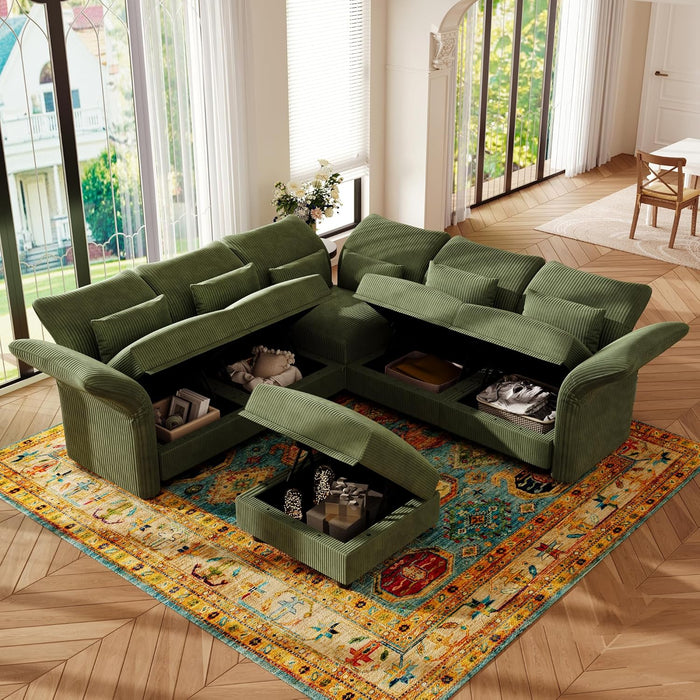 LLappuil Corduroy Sectional Sofa with Storage Ottoman, L Shaped Modular Sectional Couches for Living Room with Adjustable Arms Backs, Plush Supportive Cushions, 6 Seat, Green | Tool Free Assembly